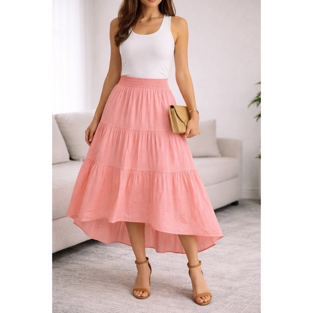 Zesica M Floral Pink‎ Tiered Maxi Skirt Boho Hippie Peasant Prairie New Lined